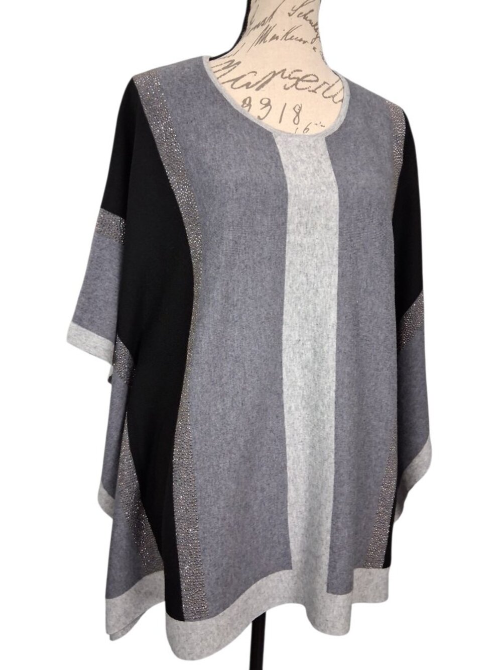 Joseph Ribkoff | Color Block Knit Poncho Black Gray Metallic | Size M/L